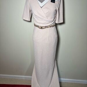 Adrianna Papell metallic gold short sleeve gown with Embellished Waist